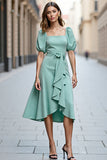 Mint Green A Line Ruffled Square Neck Midi Work Dress with Sleeves