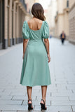 Mint Green A Line Ruffled Square Neck Midi Work Dress with Sleeves