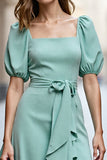 Mint Green A Line Ruffled Square Neck Midi Work Dress with Sleeves