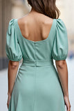 Mint Green A Line Ruffled Square Neck Midi Work Dress with Sleeves
