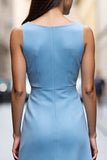 Sky Blue Bodycon Ruffled Midi Ruched Work Dress with Drape