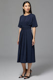 A Line Navy Ruched Round Neck Half Sleeves Long Work Dress