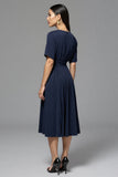 A Line Navy Ruched Round Neck Half Sleeves Long Work Dress