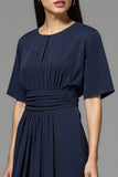 A Line Navy Ruched Round Neck Half Sleeves Long Work Dress