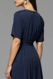 A Line Navy Ruched Round Neck Half Sleeves Long Work Dress