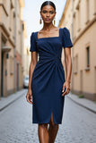 Navy Bodycon Short Sleeves Square Neck Midi Work Dress