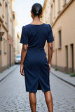 Navy Bodycon Short Sleeves Square Neck Midi Work Dress