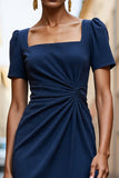 Navy Bodycon Short Sleeves Square Neck Midi Work Dress