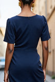 Navy Bodycon Short Sleeves Square Neck Midi Work Dress