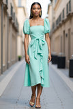 Mint Green A Line Square Neck Long Work Dress with Ruffles