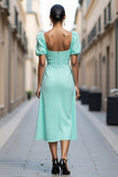 Mint Green A Line Square Neck Long Work Dress with Ruffles