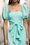 Mint Green A Line Square Neck Long Work Dress with Ruffles