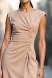 Bodycon Champagne Ruched Cap Sleeves Short Satin Work Dress