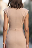 Bodycon Champagne Ruched Cap Sleeves Short Satin Work Dress