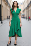 A Line V-Neck Green Ruffled Cap Sleeves Long Work Dress