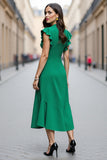 A Line V-Neck Green Ruffled Cap Sleeves Long Work Dress