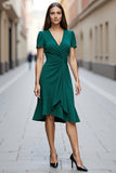 Dark Green Satin Ruched A Line Short Sleeves Ruffled Midi Work Dress