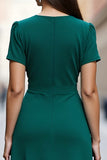 Dark Green Satin Ruched A Line Short Sleeves Ruffled Midi Work Dress
