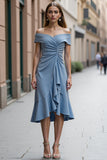 A Line Grey Blue Ruched Off the Shoulder Midi Work Dress with Ruffles