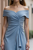 A Line Grey Blue Ruched Off the Shoulder Midi Work Dress with Ruffles