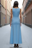 Sky Blue Satin Ruched A Line Round Neck Long Work Dress