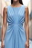 Sky Blue Satin Ruched A Line Round Neck Long Work Dress