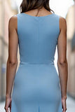 Sky Blue Satin Ruched A Line Round Neck Long Work Dress