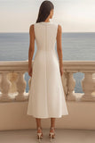 Ivory Satin Shawl Lapel Sheath Long Work Dress with Slit