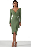 Bodycon Dusty Sage Long Sleeves Midi Work Dress with Ruffles