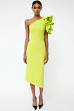 Lemon Yellow One Shoulder Ruffled Satin Asymmetrical Formal Dress
