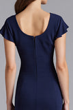 Navy Mermaid Cap Sleeves Ruffled Long Formal Dress