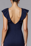 Navy Mermaid Satin Long Formal Dress with Ruffles