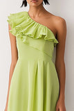 Lemon Green Chiffon Ruffled One Shoulder A Line Short Formal Dress