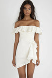 Ivory Satin Off The Shoulder Short Graduation Dress with Ruffles