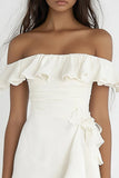 Ivory Satin Off The Shoulder Short Graduation Dress with Ruffles