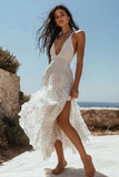 White Black Chiffon V-Neck Long Polka Dots Dress with Slit