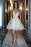 Sparkly Ivory Sequins Deep V Neck A Line Short Graduation Dress