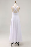 White Chiffon A Line V Neck Pleated Long Formal Dress