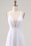 White Chiffon A Line V Neck Pleated Long Formal Dress