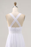 White Chiffon A Line V Neck Pleated Long Formal Dress