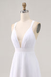 White Chiffon A Line V Neck Pleated Long Formal Dress