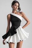 Black and White Satin One Shoulder A Line Pleated Short Cocktail Dress