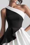 Black and White Satin One Shoulder A Line Pleated Short Cocktail Dress