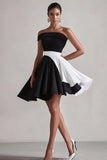 Black and White Satin One Shoulder Pleated A Line Short Cocktail Dress
