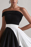 Black and White Satin One Shoulder Pleated A Line Short Cocktail Dress
