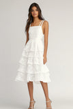 Ivory Chiffon Square Neck A Line Tiered Midi Graduation Dress