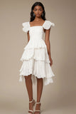 Ivory Square Neck A Line Tiered Midi Graduation Dress with Ruffles