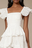 Ivory Square Neck A Line Tiered Midi Graduation Dress with Ruffles