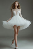 Sparkly White Illusion Neck A Line Long Sleeves Short Graduation Dress