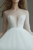 Sparkly White Illusion Neck A Line Long Sleeves Short Graduation Dress